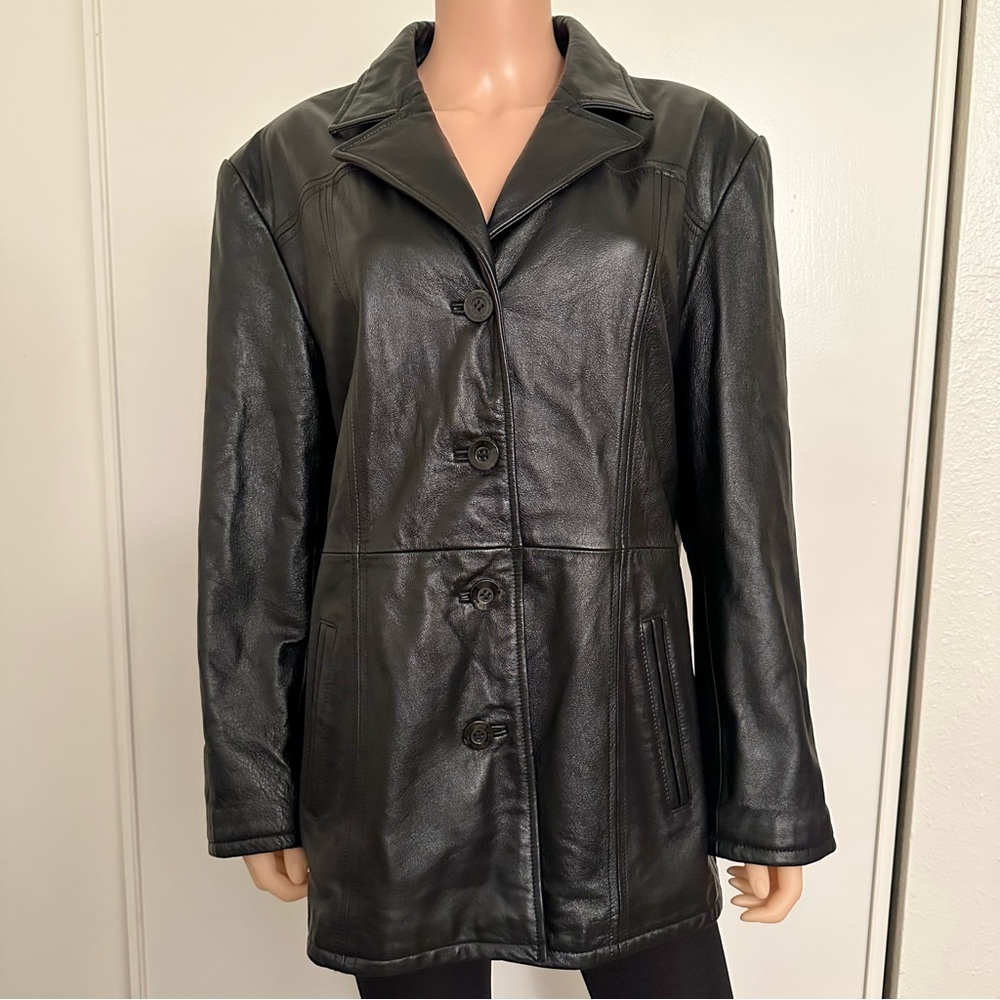 Wilsons Black Genuine Leather Jacket Coat XL Buttons Pockets Winter Outerwear